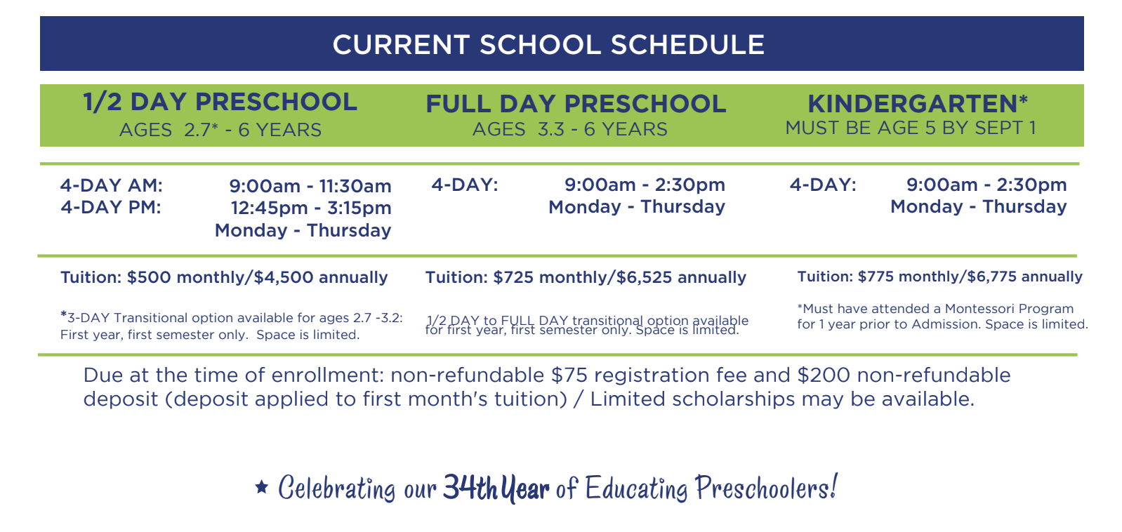 Current School Schedule and Pricing